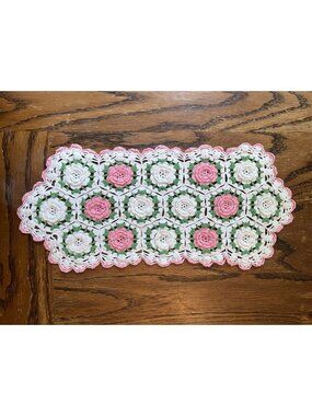 Vintage Pink & Green Crochet Doily Spread Rose Garden 18"x8" Handmade Floral Acc
